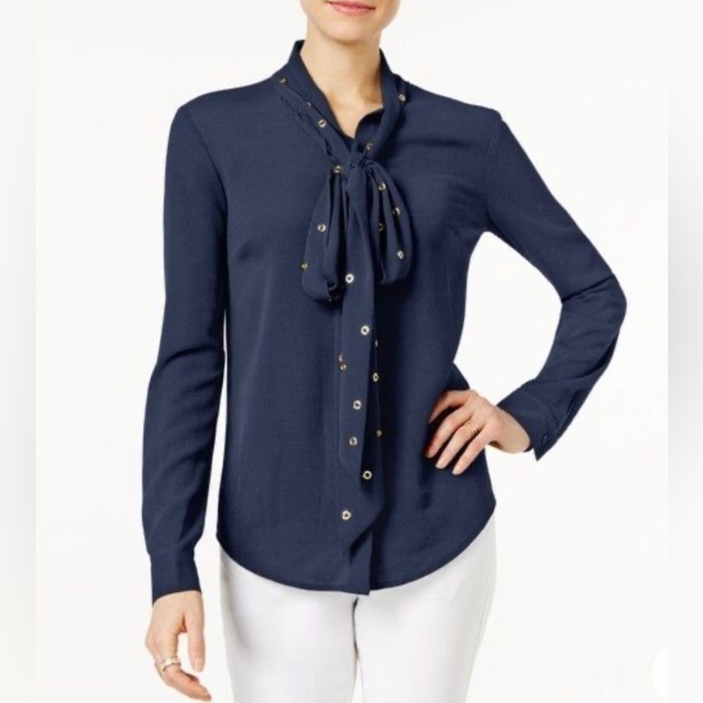NWOT Michael Kors Navy Blue Tie Neck Blouse